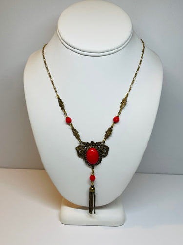 Sadie Green Art Deco Style Red Cabochon Tassel Necklace